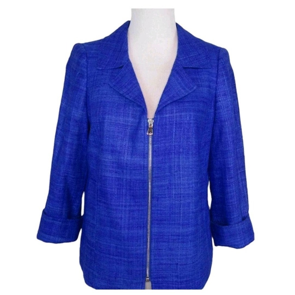CARLISLE Royal Blue 100% Linen Silk Zip Front Tweed Jacket Women's Size 10‎